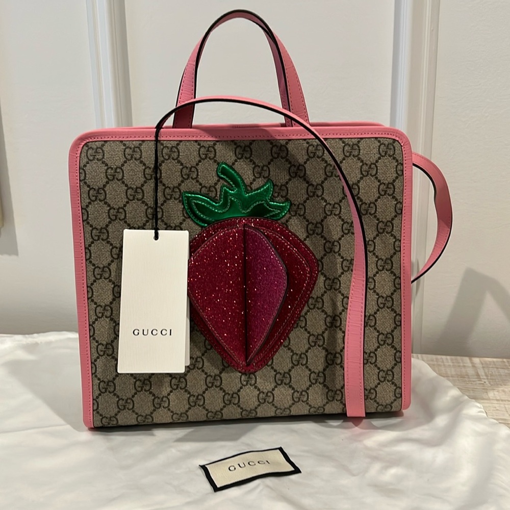 Gucci Pink GG Supreme Strawberry Tote Bag